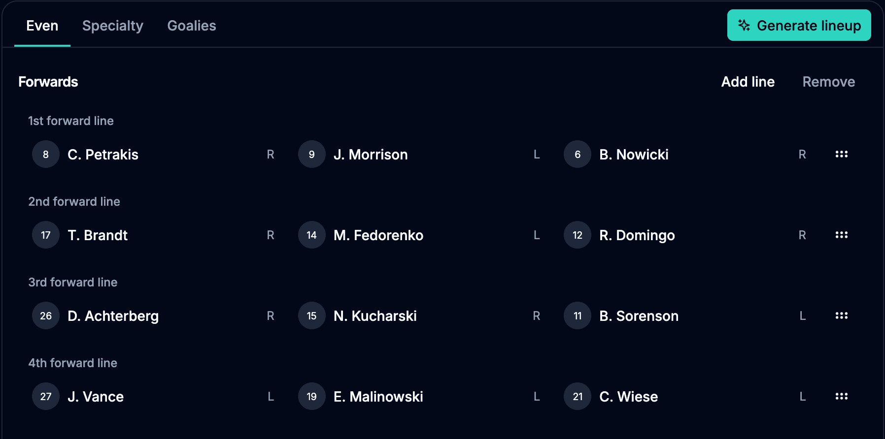 NextRink lineup board showing dressed lines for a game